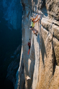 Final pitch rated 5.13 on the route (Free routes El Corazon and Golden Gate meet 1 pitch below).  Photo by Jeremiah Watt